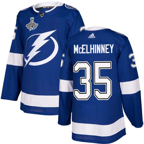 Adidas Tampa Bay Lightning #35 Curtis McElhinney Blue Home Authentic Youth 2020 Stanley Cup Champions Stitched NHL Jersey